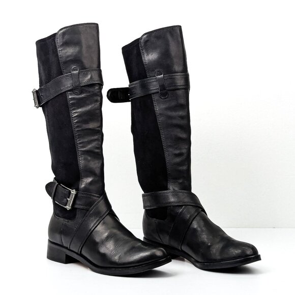 Cole Haan Women Whitley Black Leather Riding Buckle Knee Boots sz 7 - Picture 1 of 7